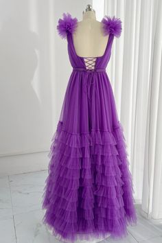 Purple Tiered Dress For Wedding, Purple Tiered Prom Dress, Purple Formal Dress Long, Purple Formal Dresses, Prom Dresses V Neck, Purple Dresses Formal, Purple Tulle, Purple Evening Dress, Dresses V Neck