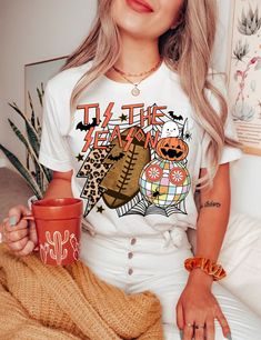 Themed White T-shirt For Fall, Halloween White T-shirt With Sublimation Print, White Halloween T-shirt With Sublimation Print, Themed White Tops For Fall, Halloween Themed White T-shirt, White Halloween Themed T-shirt, Themed White T-shirt For Halloween, Themed White Halloween T-shirt, Fall White Graphic Print Sublimation Design