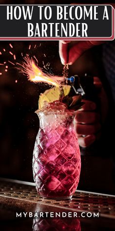 a person is pouring something into a glass with the words how to become a bartender