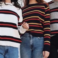 Brandy Melville Sweater Crewneck Rainbow Striped Jessica Bernadette Color: Navy, Red, Yellow Gold Stripes Colorful Stripes Add A Bright Touch To This Comfy Sweater. One Size Fits Most Size Made In Italy Nwot - Never Worn. This Rare Luxurious Item Is Sold Out And Hard To Find! Winter Red Tops With Contrast Stripes, Red Tops With Contrast Stripes For Winter, Retro Fall Tops With Contrast Stripes, Retro Tops With Contrast Stripes For Fall, Brandy Melville Flannel, Brandy Melville Cardigan, Brandy Melville Sweater, Argyle Sweater Vest, Brandy Melville Sweaters