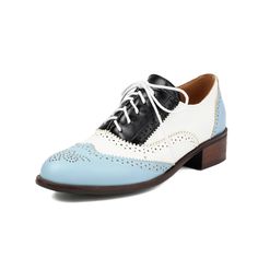 Shop Blue and White Wingtip Round Toe Lace up Dress Flat Women's Oxford Shoes color Blue for Anniversary, Going out, Hanging out, School, Work with worldwide Free shipping & Free return. Blue Almond Toe Oxfords For Office, Blue Round Toe Oxfords For Office, Blue Pointed Toe Oxfords For Office, Blue Brogue Oxfords With Pointed Toe, Blue Pointed Toe Oxfords With Brogue Detailing, Fitted Wingtip Lace-up Shoes For Spring, Blue Almond Toe Oxfords For Work, Blue Oxfords With Brogue Detailing For Spring, Blue Brogue Oxfords For Spring