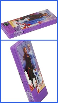 two pictures of frozen princesses in purple plastic cases, one with an image of the character