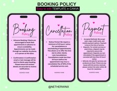 three pink iphones with the words, booking policy and payment policy on them