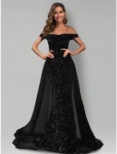 Mermaid / Trumpet Evening Gown Black Dress Formal Sweep / Brush Train Sleeveless Off Shoulder Tulle with Sequin Evening Gown Black, Off Shoulder Tulle, Shine Dress, Sukienki Plus Size, Gown Black, Black Dress Formal, Mermaid Evening Dresses, Dress Formal, Mermaid Prom Dresses