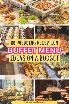 the buffet is full of different types of food and desserts to choose from for your wedding reception