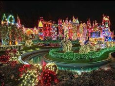 an elaborate christmas display with lights and trees in the foreground is shown at night