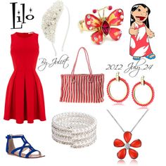 a red dress and accessories are featured in this image