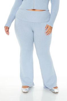 Forever 21+ - A pair of sweater - knit pants featuring a flare leg and high - rise waist. | 48% rayon, 30% polyester, 22% nylon | Hand wash cold | Model is 5'7" and wearing a Size 1X | Sweater - Knit Flare Pants Flare Bottoms For Fall Loungewear, Winter Wide Leg Stretch Pants With Elastic Waistband, Winter Stretch Wide Leg Pants With Elastic Waistband, Trendy Wide Leg Pants For Winter Loungewear, Winter Flare Pants With Stretch, Stretch Flare Pants For Winter, Winter Stretch Flare Pants, Blue Long Sleeve Loungewear Pant Set, Knit Flare Pants