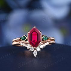 Hexagon Cut Ruby Engagement Ring Set Bezel Set Kite Cut - Etsy Ruby Ring Art Deco, Red Emerald Ring, Red And Green Engagement Ring, Wedding Rings With Ruby, Art Deco Gemstone Ring, Ruby And Emerald Engagement Ring, Ruby Red Engagement Ring, Ruby And Gold Engagement Ring, Ruby Emerald Ring