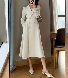 Luxury Spring Double-breasted Blazer Dress, Luxury Double-breasted Jacket Dress For Office, Luxury Double Button Blazer Dress For Fall, Long White Dress Coat, Luxury Double Button Blazer Dress For Winter, Luxury Elegant Midi-length Blazer Dress, Luxury Winter Blazer Dress For Office, Luxury Elegant Midi Length Blazer Dress, Luxury Single Breasted Long Sleeve Jacket Dress