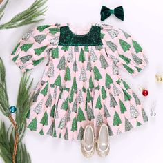 Girls Fiona Dress , Pink Trees - Pink Chicken Dresses | Maisonette Chest Glitter, Stevie Dress, Chicken Dress, Pink Ground, Lil Sis, Pink Trees, Big Sis, Green Sequins, Outerwear Outfit