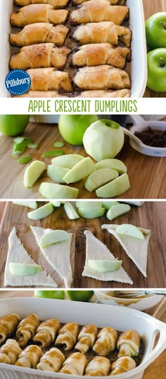 apple dessert dumplings in a baking dish with apples and cinnamon rolls on the side