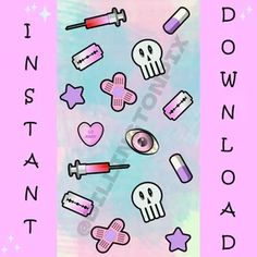 a pink and blue background with various items on it, including lipstick, stars, and hearts