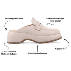 Meet Antonina, the stylish and comfortable loafer flat by Journee Collection that's perfect for any casual occasion. Made from vegan leather and featuring a square toe, Antonina showcases a 90s-inspired chunky 2 1/4 in platform heel and slip-on mule design that's perfect for achieving an Ivy League look. With a 4 mm Tru Comfort Foam™ insole, Antonina ensures a comfortable fit all day long, making it a versatile and must-have addition to your shoe collection. Comfortable Loafers, Slip On Mules, 90s Inspired, Journee Collection, Platform Heels, Loafer Flats, Shoe Collection, Vegan Leather, Loafers