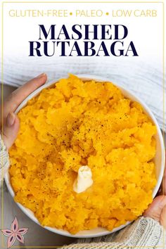 mashed rutabaga in a white bowl with text overlay