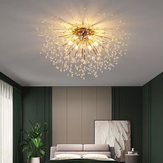 a modern bedroom with green walls and white furniture, including a large chandelier over the bed