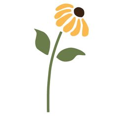 a yellow flower with green leaves on the bottom and brown center, in front of a white background