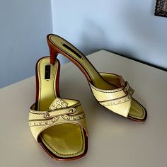 Pale Yellow Louis Vuitton Kitten Heels With A Wood Detailed Heel, Size 7. Yellow Kitten Heels, Yellow Kitten, Louis Vuitton Heels, Shoes Vintage, Wood Detail, Aesthetic Shoes, Louis Vuitton Shoes, Vintage Louis Vuitton, A Wood