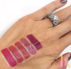 Lipsense Swatch! Purple Reign, Violette, Sheer Pink, Dark Pink, Razzberry Want to order? Go to @SmudgeFreeBeauty on Instagram! Purple Reign