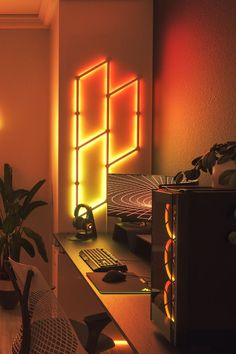 Nanoleaf Lines smart backlit LED light bars in a battlestation Gaming Setup Simple, Room Design Bedroom, Room Setup