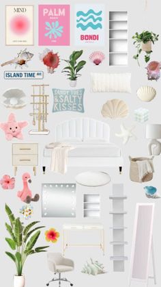 a collage of pink, white and blue items with text that says island time