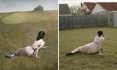 two pictures side by side one with a woman laying on the ground and another with a dog