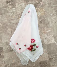 Set of 3 gorgeous sheer white vintage handkerchiefs. One is sheer white with intricate solid white dot embellishments. The other two are embroidered handkerchiefs. The first is outlined in lace and is a sheer white with embroidered red and pink roses. The second is a delicate pink with a scalloped edge, outlined in a darker pink. In each of the corners, it is embroidered with 3 pink flower buds. Good, vintage condition. Perfect addition to a wedding, gift basket, vintage outfit, or display. Note White Wedding Handkerchiefs For Summer, Elegant White Handkerchiefs For Summer, Vintage Wedding Handkerchiefs For Summer, Vintage Embroidered Summer Handkerchiefs, White Vintage Handkerchiefs For Summer, Summer White Handkerchiefs Gift, Wedding Gift Basket, Red And Pink Roses, Embroidered Handkerchief