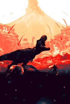 an image of a dinosaur in front of a volcano