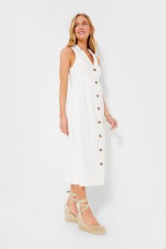 The perfect elevated daytime midi, the White Jules Dress was designed for effortless throw-on-and-go wear while still looking put together. The oversized collar gives a tailored feel while the breezy sleeveless silhouette makes it great for when the weather heats up — plus it has everyone's favorite feature: pockets! From market runs to the office, flats to heels, this style staple can be styled multiple ways for endless occasions. Oversized collar V-neckline Sleeveless Front button placket Side Summer Workwear Midi Dress, White Midi Dress For Daytime, Chic Daytime Midi Maxi Dress, Chic V-neck Midi Dress For Daytime, White Midi Dress For Summer Workwear, Chic Midi Length Daytime Dresses, Elegant Daytime Maxi Dress, Elegant Midi Length Maxi Dress For Daytime, Looking Put Together