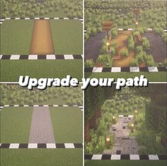 four different views of a path in the grass