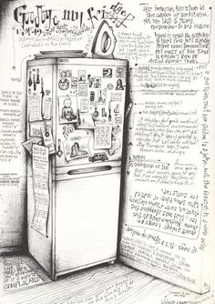 a drawing of a refrigerator with writing on it