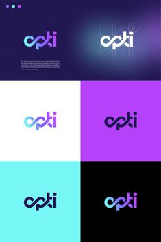 the logo for an electronic company is shown in four different colors and font styles, including purple