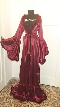 Boudoir Dressing Gown Burgundy Satin Dressing Gown Marabou Feather Gowns Robes Bride Dressing Gown Burlesque Dressing Gown by DyStyle on Etsy https://www.etsy.com/listing/498557223/boudoir-dressing-gown-burgundy-satin Fancy Robes, Bride Dressing Gown, Feather Gown, Satin Dressing Gown, Dressing Gown Robe, Bridal Robes, Womens Robes, House Dress, Dressing Gown