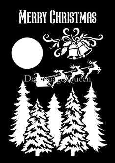 a black and white christmas card with santa's sleigh flying over trees