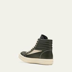 Rick Owens two-tone calf leather high-top court sneakers Flat heel Round toe Lace-up vamp Cushioned footbed Lightweight, sturdy TPU outsole Lining: Leather Spot clean Made in Italy