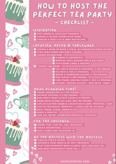 a pink and white poster with words describing how to host the perfect tea party