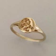 Gold signet ring, Flower signet ring, 14k gold rose signet ring , personalized Valentine's day gift 14k Gold Signet Ring, Floral Wedding Bands, Flower Wedding Ring, Boyfriends Girlfriends, Ring Flower, Monogram Ring, Signet Rings, Pattern Ring, Gold Signet Ring