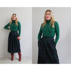 "Classic 1980's Tartan plaid skirt in women's size xs. High, fixed waistband with full pleating at the waist. Zipper and button close at the back with pockets at the waist. Fully lined. Fabric is a pure wool in a beautiful plaid of navy, green and black. In mint vintage condition with no flaws to note. Brand: Lands' End // Made in Scotland Size: Labeled an 8 Petite; Would best fit a modern xs. FOR REFERENCE: I am 5'3\" and usually wear a size 2/4 and this was a good fit.  Size is just an estimat Blue And Green Plaid Skirt Outfit, Green Plaid Skirt Outfit, Tartan Skirt Outfit, Blue Green Plaid Skirt, Winter Scottish Plaid Skirt, Green Tartan Skirt, Mint Skirt, Vintage Plaid Cotton Skirt, Tartan Skirt