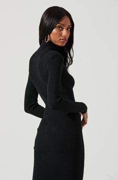 The Abilene features a ribbed sweater knit construction with a turtleneck collar. Padded shoulders add structure. Bodycon fit with a slight stretch. Long sleeves. Sweater Midi Dress, Faux Leather Midi Skirt, Midi Sweater Dress, Cutout Sweater, Pleated Tennis Skirt, Leather Midi Skirt, Sweater Dresses, Astr The Label, Sweater Dress Midi