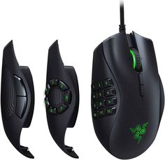 a computer mouse with green lights on it's side and the top is black