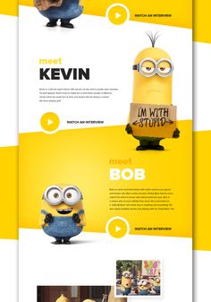 the minions movie poster is shown in three different colors, including yellow and white with black lettering