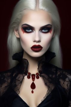 Halloween Vampire Vixen makeup inspired by classic vampire lore Halloween Dracula Makeup, Realistic Vampire Costume, Woman Vampire Makeup, Light Vampire Aesthetic, Vampire Custome, Girl Vampire Makeup, Scary Portraits, Vampire Costume Aesthetic