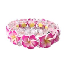 pink and yellow flower bracelets with crystal stones on the bottom, set against a white background