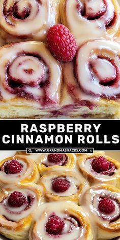 raspberry cinnamon rolls with icing and fresh raspberries in the middle