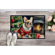 a painting of a dog wearing a red sweater next to a christmas tree and presents