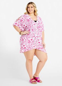 Beautiful floral blooms covers this plus size swim cover up by Raisins Curve detailed with crochet trim for added appeal. Floral Print Short Sleeve Beach Dress Cover-up, Beachy Short Sleeve Cover-up For Pool, Short Sleeve Cover-up For Pool And Beach Season, Short Sleeve Beachwear Cover-up For Pool, Short Sleeve Pool Cover-up For Beach Season, Short Sleeve Pool Cover-up For Vacation, Short Sleeve Poolside Cover-up For Vacation, Short Sleeve Beach Party Cover-up, Bohemian Short Sleeve Swimwear For Spring