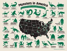 an illustrated map of the united states with animals and their names in green on it