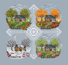 four cross stitch coasters with houses and trees