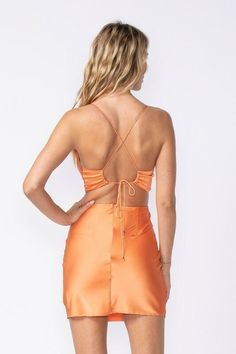 Orange Hoco Dress, Orange Satin Dress, Orange Homecoming Dresses, Hoco Dresses Long Sleeve, Stella Dress, Hoco Dresses Short, Hoco Dress, Orange Satin, Backless Mini Dress