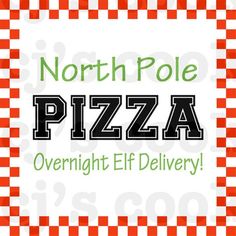 the words north pole pizza overlaid with an image of a red and white checkered background